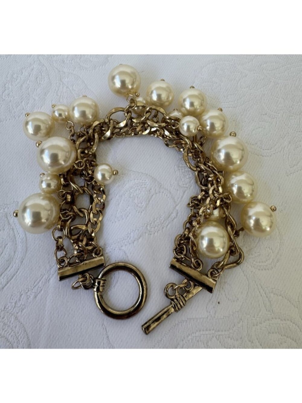 Goldtone Faux Pearls Chunky Pearl Bead Multi Chain 1" Wide Toggle Bracelet